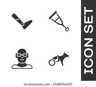 Set Dog in wheelchair, Prosthesis leg, Poor eyesight and Crutch crutches icon. Vector