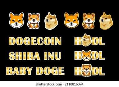 Set of Dogecoin meme crypto currency  shiba inu, baby doge. vector eps 10