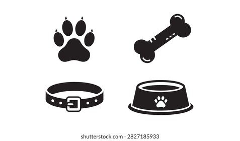 Set of dog-related items featuring paw print icons, a bone, a collar, and a food bowl, representing pet care and animal accessories.
