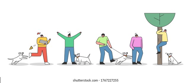 Perros atacando a humanos. Perros agresivos mordiendo y ladrando a personas de fondo blanco. El concepto de peligro canino sin hogar y vigilante. Ilustración vectorial de diseño plano