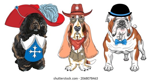 Set of dogs. Basset Hound as sheriff, English Bulldog, Portuguese Water Dog as musketeer