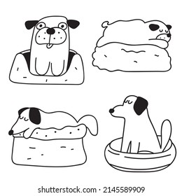 Set of dogs in dog's beds. Outline icon illustrations on white background.