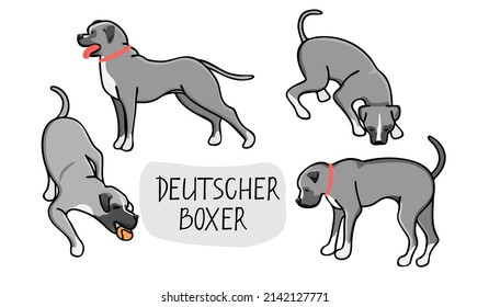 Set of dogs of breed Deutscher Boxer in various poses and hand lettered text. Animal characters isolated on white background.Hand drawn vector cartoon illustration.Design for cards,stickers,print.