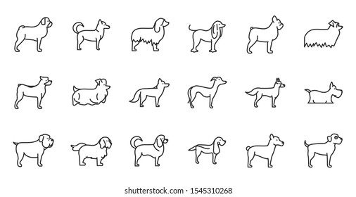 set of dogs breed standing icons linear style vector illustration