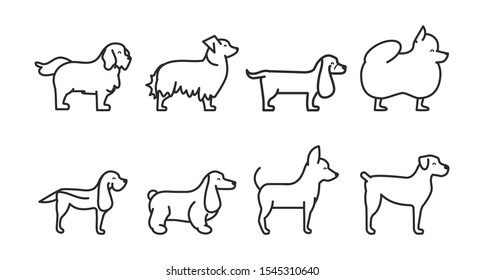 set of dogs breed standing icons linear style vector illustration