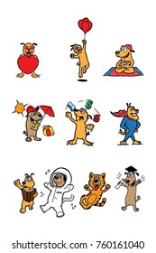 Set of dogs cartoon characters in different situations