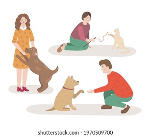 Set with dogs, cat and their owners. Boy playing with cat. Cute pets - doggy and kitten. Happy people or family. Man trains the dog to give a paw. Happy woman and her big dog. Hand drawn vector set.