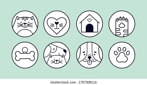 Set of Dogs and Cats. Pet Care theme Logos, Emblems. Animal Care. Minimalistic Outline Round Icons. Cartoon style, thin line stroke design. Trendy Vector illustration. All elements are isolated