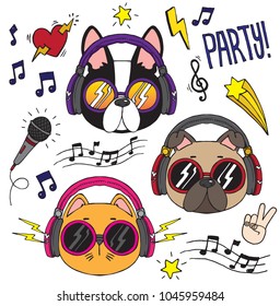 Set of dogs and cats wearing headphones listening to music. Vector illustration. 