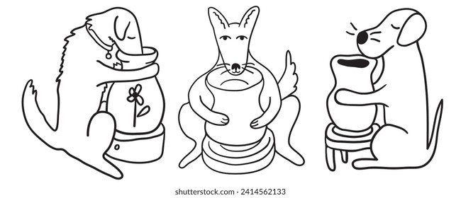 set of dogs and ceramic in line doodle style in vector. template for print advertising poster sticker icon illustration