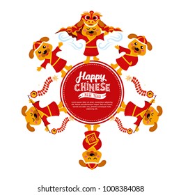 Set of dogs characters for Chinese New Year. Hieroglyph - Zodiac Sign Dog. Hand drawn lettering. Lunar New Year.