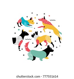 Set of dogs in a circle. Cute dogs in the style of Memphis with geometric shapes. The dog is a symbol of 2018.