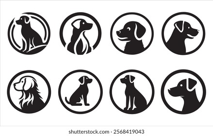 Set of dogs circle silhouette elegant canine pets in flat vector art