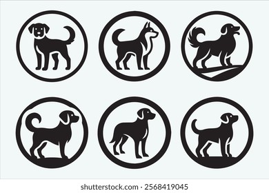 Set of dogs circle silhouette elegant canine pets in flat vector art