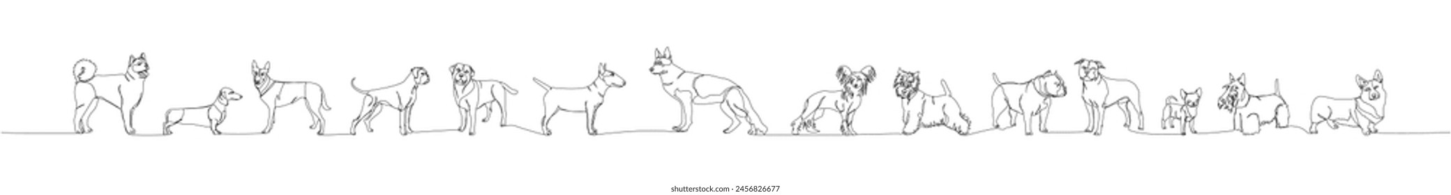 A set of dogs of different breeds in full height, guard dog, service dog, companion dog one line art. Continuous line drawing of friend, dog, doggy, friendship, care, pet, animal, family, canine.