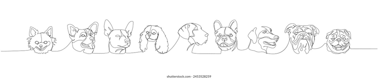 Set of dogs of different breeds, guard dog, service dog, companion dog one line art. Continuous line drawing of friend, dog, doggy, friendship, care, pet, animal, family, canine.