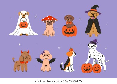 Set of dogs of different breeds in Halloween costumes. Vector graphics.