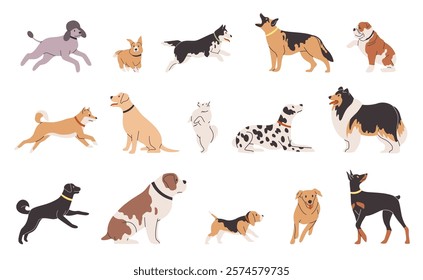 Set dogs different breeds. Happy bulldog, dalmatian and corgi. Cute labrador, doberman and poodle. Running funny domestic animals. Cartoon flat style isolated illustration. Vector pets