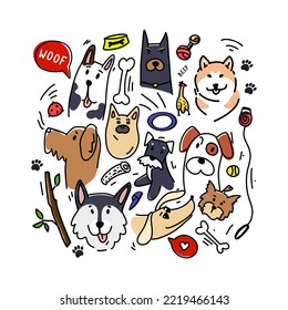 Set of dogs of different breeds with toys and treats. Vector illustration in doodle style.
