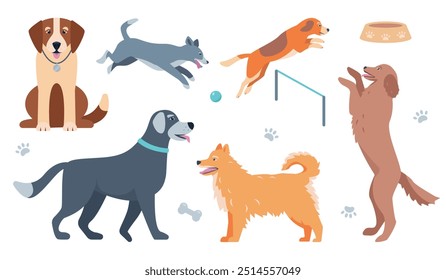 Set of Dogs in different poses. Cute happy pets. Domestic animals for home. Dog sitting, walking and jumping. Vector icons illustration isolated on white background.