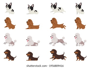 Set of dogs in different poses. French bulldog, Cocker Spaniel, Poodle and Dachshund in cartoon style.