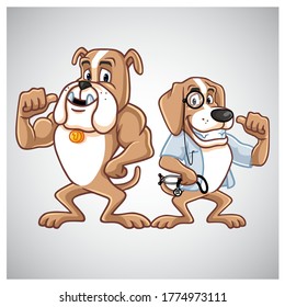 Set of Dogs Doctor Bulldog, Beagle Dog, Logo Veterinary Cartoon Mascot Design