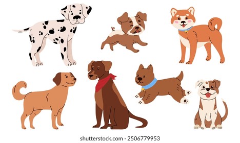 Set of dogs. Doggies of different breed. Flat vector illustration isolated on white background. Funny domestic pets, cute cheerful animals, joyful doggies collection. Dogs pack with shiba inu, pug