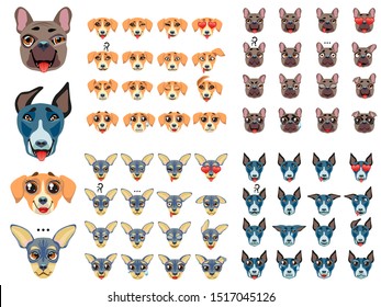 Set of Dogs Emoji Emoticon Expression. French bulldog, Golden retriever, Bullterrier, toy terrier.