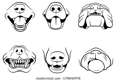 Set of dogs face. Collection of mouths of pets. Design for the mask. Funny dog ​​muzzle. Linear art. Vector illustration isolated on white background. 