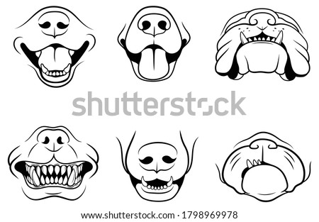 Set of dogs face. Collection of mouths of pets. Design for the mask. Funny dog ​​muzzle. Linear art. Vector illustration isolated on white background. 