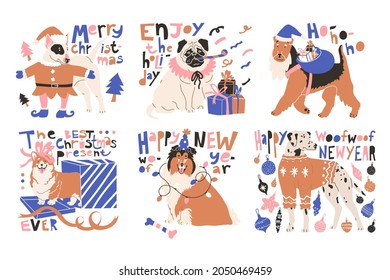 Set with Dogs in festive costume and greeting quotes. Celebrating Christmas and Newyear. Vector illustration in flat style. Isolated in white background. Christmas tree toys, garland, present, Santa.