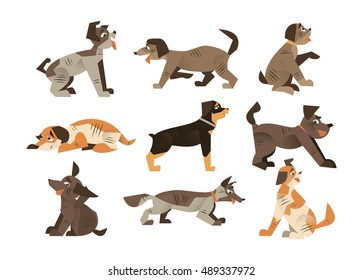 Set of dogs in a flat style. Collection of various poses, color version. Isolated, vector illustration. Happy and friendly dog