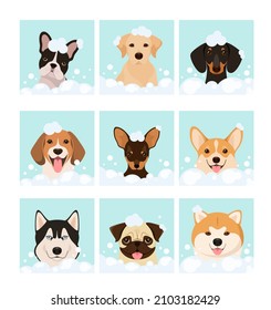 A Set Of Dogs In Foam. Grooming. Cartoon Design.
