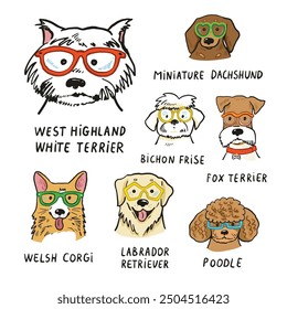 Set of dogs with glasses. Vector illustration on a white background.