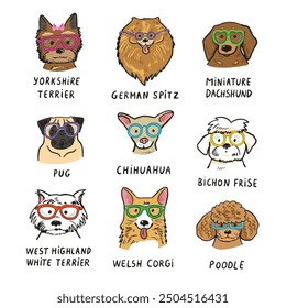 Set of dogs with glasses. Vector illustration on a white background.