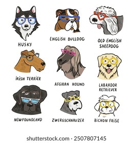 Set of dogs with glasses. Vector illustration on a white background.