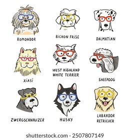 Set of dogs with glasses. Vector illustration on a white background.