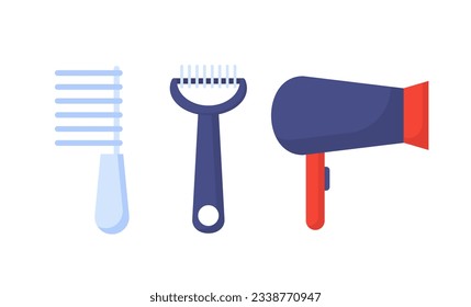 Set for dogs grooming concept. Comb and hair dryer. Beauty equipment for domestic animals. Poster or banner for website. Cartoon flat vector collection isolated on white background