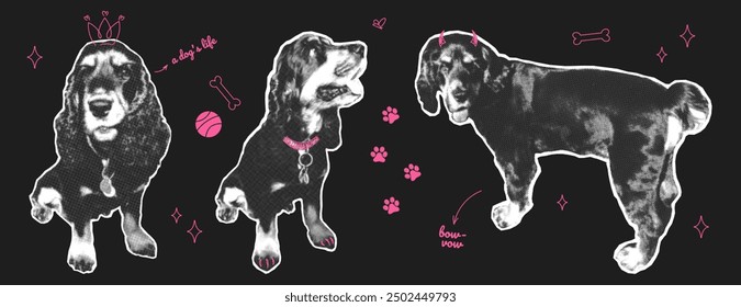 Set of dogs in a halftone style with torn paper. Collage elements with doodles. Abstract pet dogs with scribbles. Vector