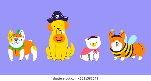 Set of the dogs in halloween costume. Halloween puppies cartoon vector collection.