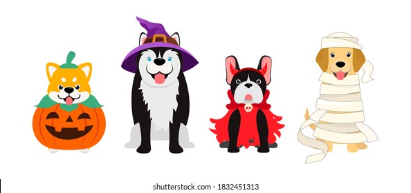 Conjunto de perros con disfraces de Halloween aislados en fondo blanco. Mascotas de Halloween 