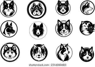 set of dogs heads in black on a white background, vector illustration