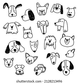 Set of dogs heads in cartoon style. Black linear sketch style for kids apparel and other funny design. Cute caracters puppy