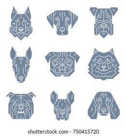 Set of dog's heads.Simple geometric style. Vector illustration include pictures of german shepherd, labrador, terrier, bull terrier, pug, spitz, english bulldog, french bulldog, beagle. Dog faces.