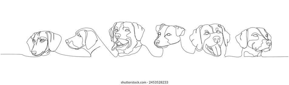 Set of dogs of hunting breeds, guard dog, service dog, companion dog one line art. Continuous line drawing of friend, dog, doggy, friendship, care, pet, animal, family, canine.
