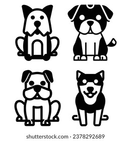 Set of dogs icon, black and white, cute cartoon dog, vector illustration isolated