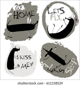 Set of dogs, ink spots, kiss me, go home, let's fly, let's sleep, inscriptions, logo, linear art. T-shirt baby prints