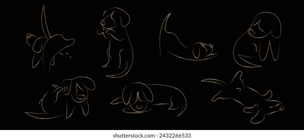 Set of dogs line art. Continuous line drawing. Cute dog. Minimalist gold linear sketch isolated on black background. Vector illustration. Hand drawn minimalism style. Playing. Peeing. Sleeping. 
