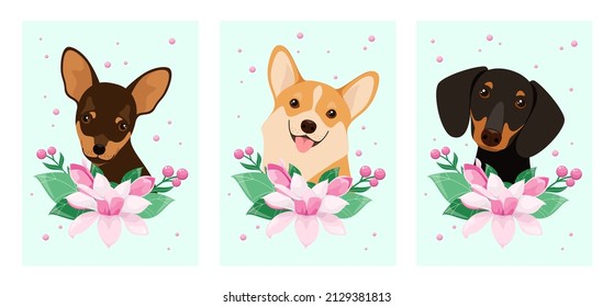 A set of dogs with magnolia flowers. Cartoon design. Vector illustration.
