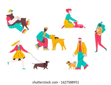 Set of dogs and owners characters, flat cartoon vector illustration isolated.